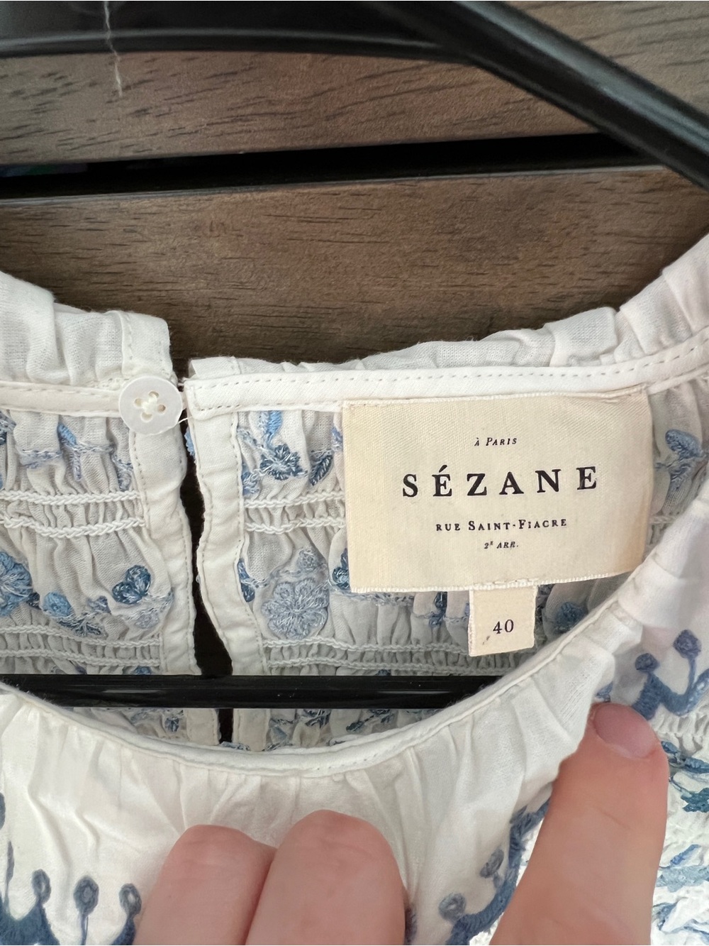 Sezane Samona Blouse Contrasting Blue Embroidery Ecru Background - Size 8 - Picture 3 of 6